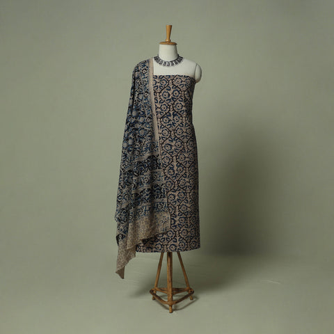 Pedana Kalamkari Hand Block Print Natural Dyed Cotton 3pc Unstitched Dress Material Suit Set 14