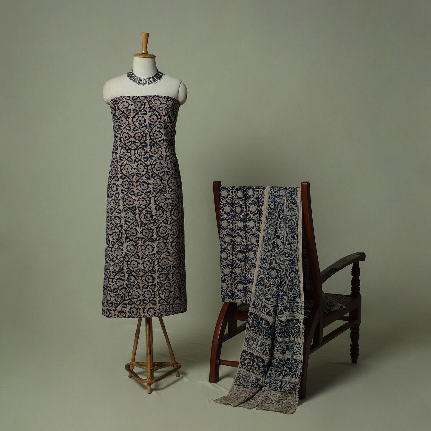 Pedana Kalamkari Hand Block Print Natural Dyed Cotton 3pc Unstitched Dress Material Suit Set 14