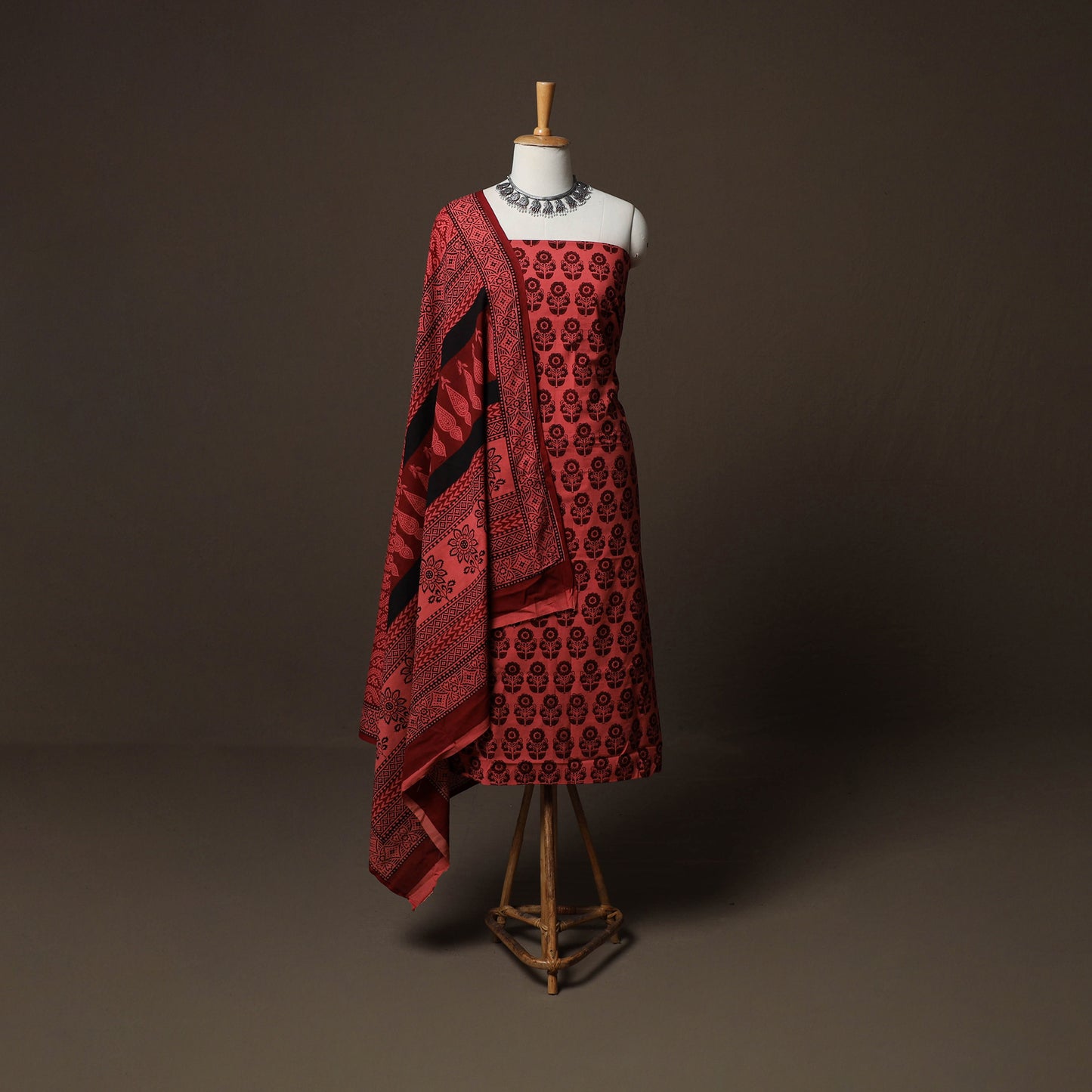 Red - Natural Dyed Cotton 3pc Unstitched Hand Block Bagh Print Dress Material Suit Set 16