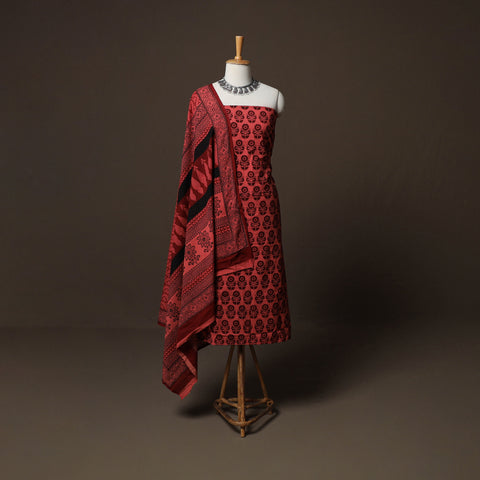 Red - Natural Dyed Cotton 3pc Unstitched Hand Block Bagh Print Dress Material Suit Set 16