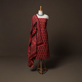 Red - Natural Dyed Cotton 3pc Unstitched Hand Block Bagh Print Dress Material Suit Set 16