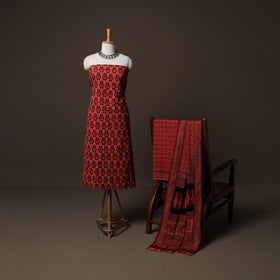 Red - Natural Dyed Cotton 3pc Unstitched Hand Block Bagh Print Dress Material Suit Set 16