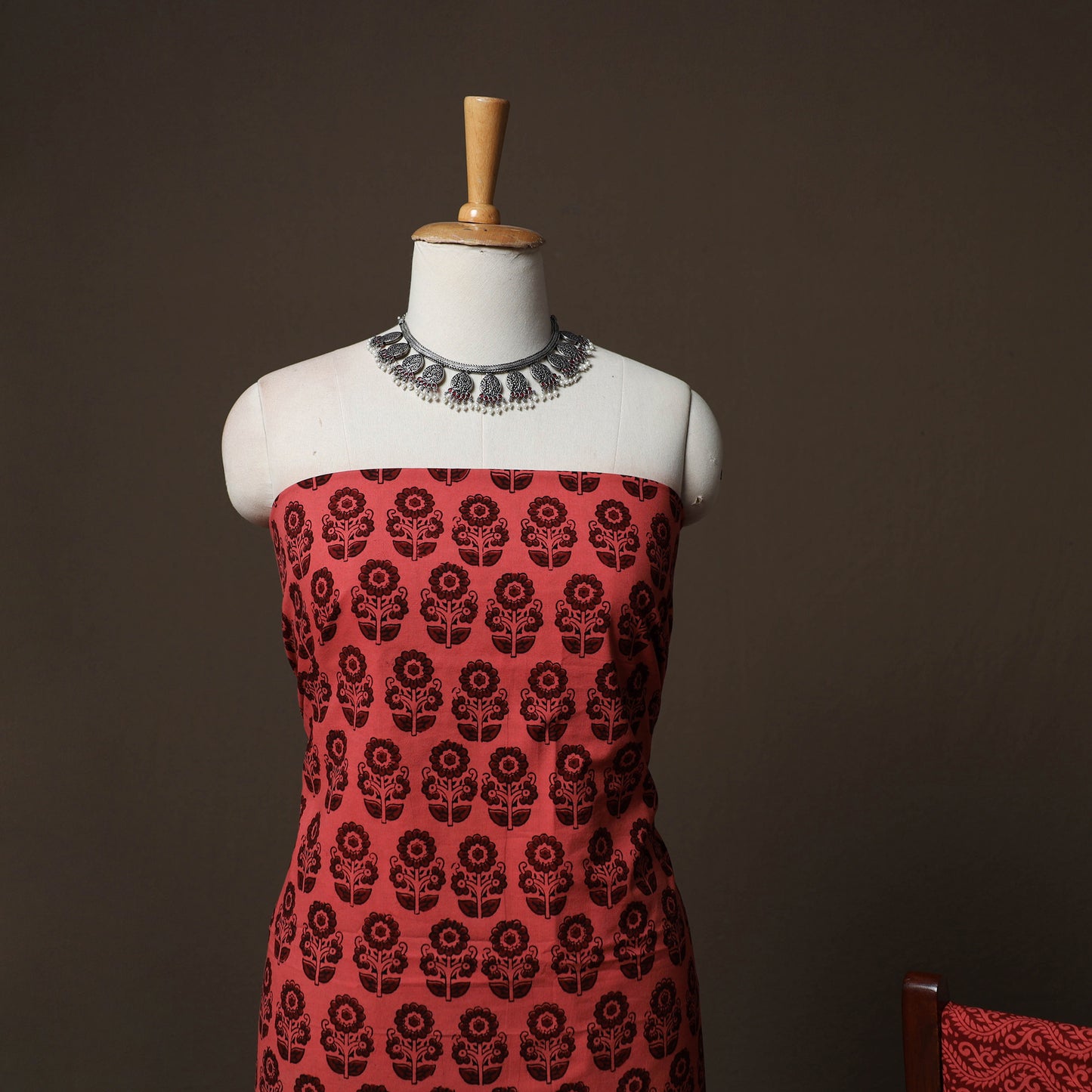 Red - Natural Dyed Cotton 3pc Unstitched Hand Block Bagh Print Dress Material Suit Set 16