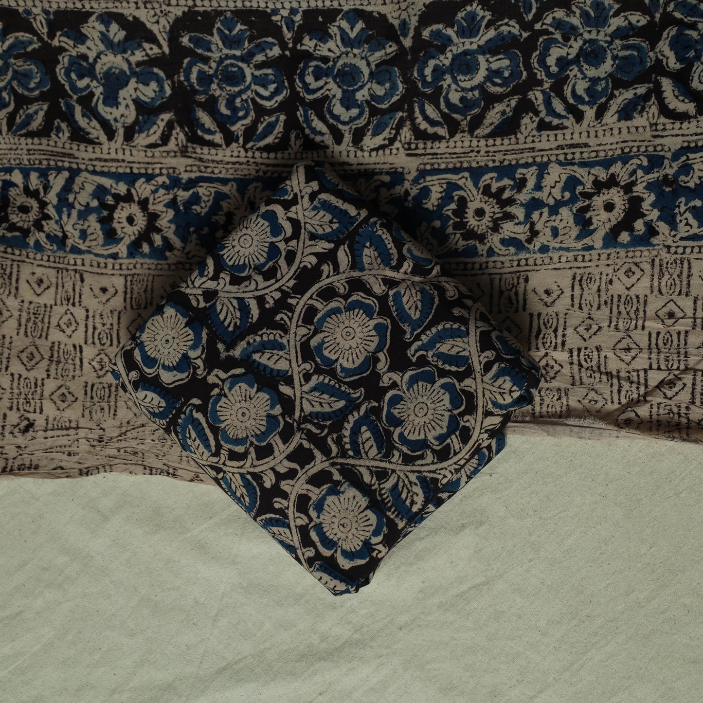 Pedana Kalamkari Hand Block Print Natural Dyed Cotton 3pc Unstitched Dress Material Suit Set 14