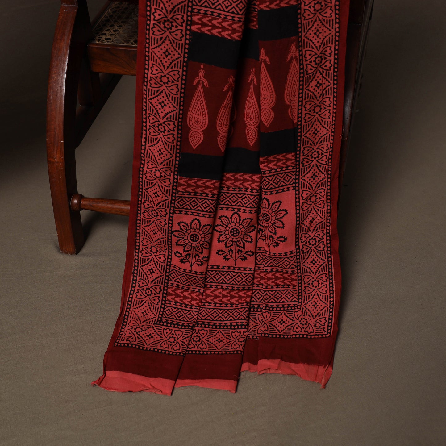 Red - Natural Dyed Cotton 3pc Unstitched Hand Block Bagh Print Dress Material Suit Set 16