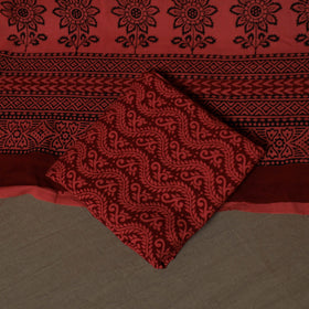 Red - Natural Dyed Cotton 3pc Unstitched Hand Block Bagh Print Dress Material Suit Set 16