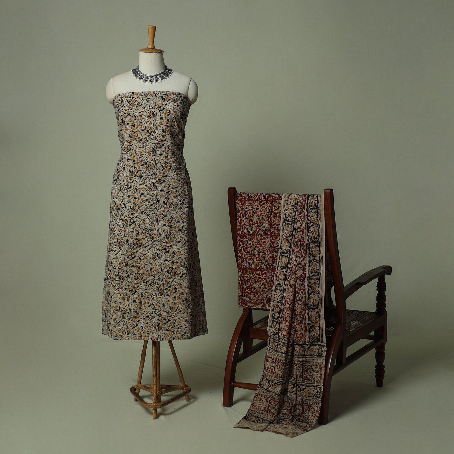 Pedana Kalamkari Hand Block Print Natural Dyed Cotton 3pc Unstitched Dress Material Suit Set 15
