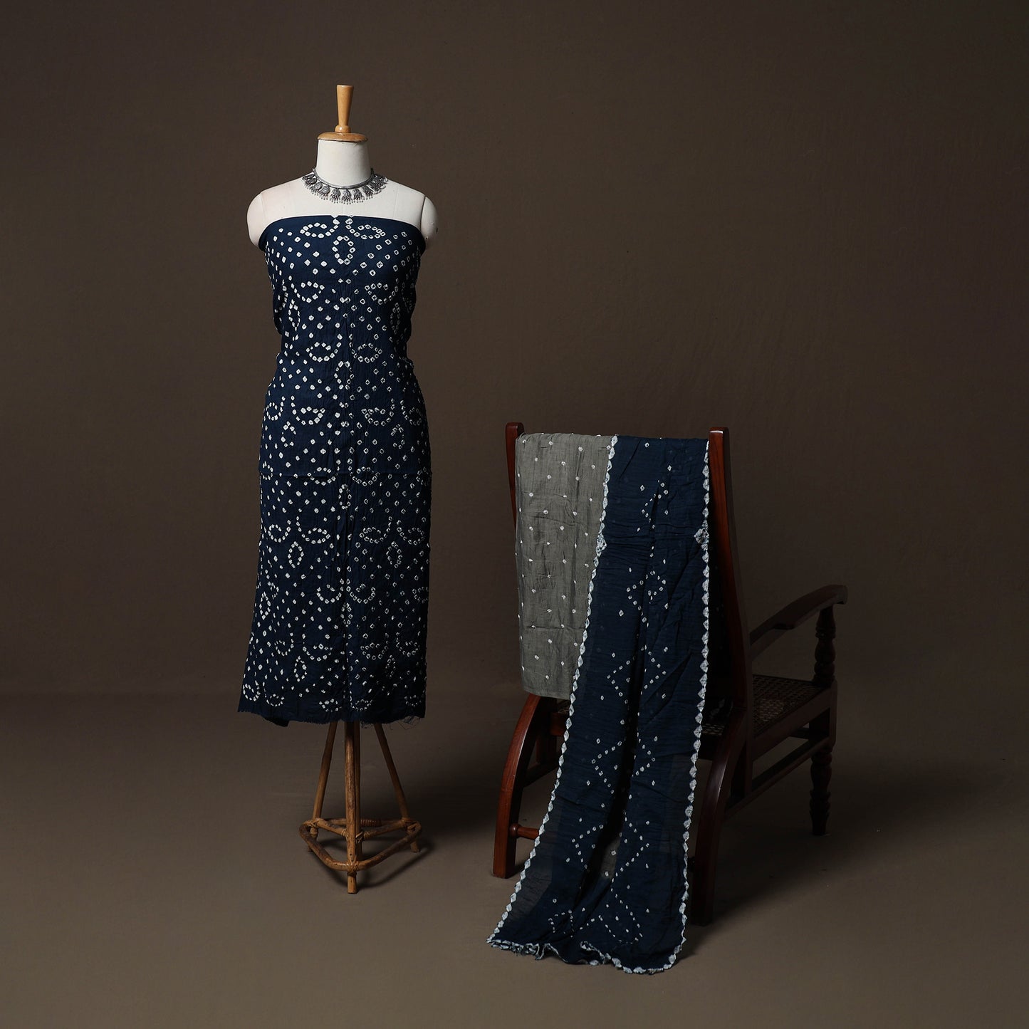 Blue - Kutch Tie-Dye Cotton Satin 3pc Unstitched Bandhani Dress Material Suit Set 17