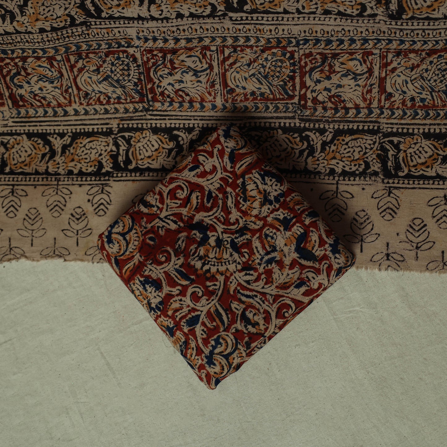 Pedana Kalamkari Hand Block Print Natural Dyed Cotton 3pc Unstitched Dress Material Suit Set 15