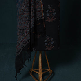 Ajrakh Hand Block Print Natural Dyed Cotton 2pc Unstitched Dress Material Kurta Set with Jewellery Set 07