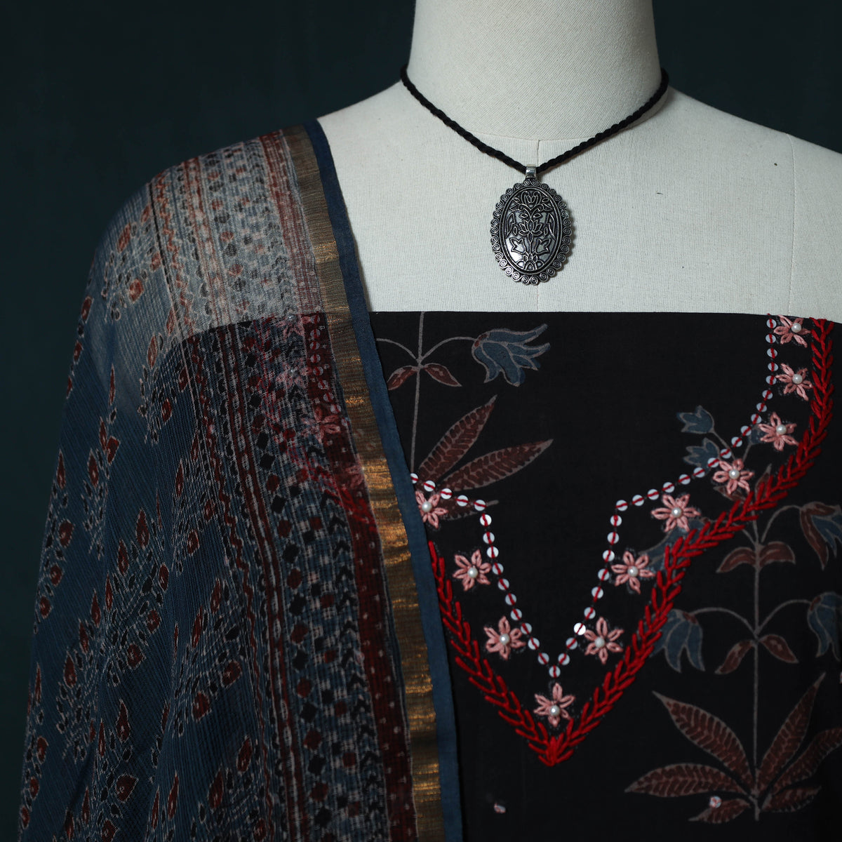 Ajrakh Hand Block Print Natural Dyed Cotton 2pc Unstitched Dress Material Kurta Set with Jewellery Set 07