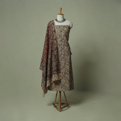 Pedana Kalamkari Hand Block Print Natural Dyed Cotton 3pc Unstitched Dress Material Suit Set 15