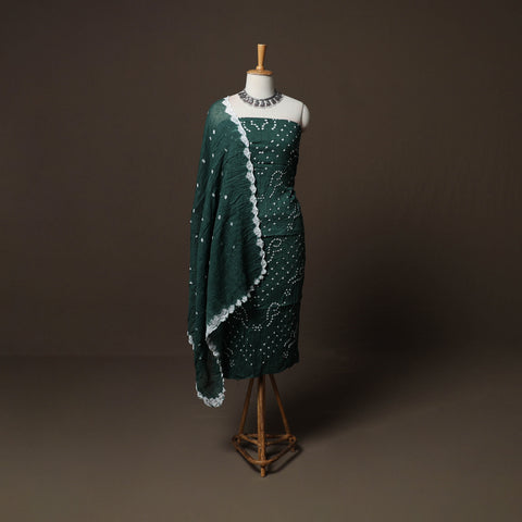 Green - Kutch Tie-Dye Cotton Satin 3pc Unstitched Bandhani Dress Material Suit Set 18