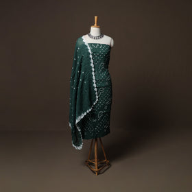 Green - Kutch Tie-Dye Cotton Satin 3pc Unstitched Bandhani Dress Material Suit Set 18