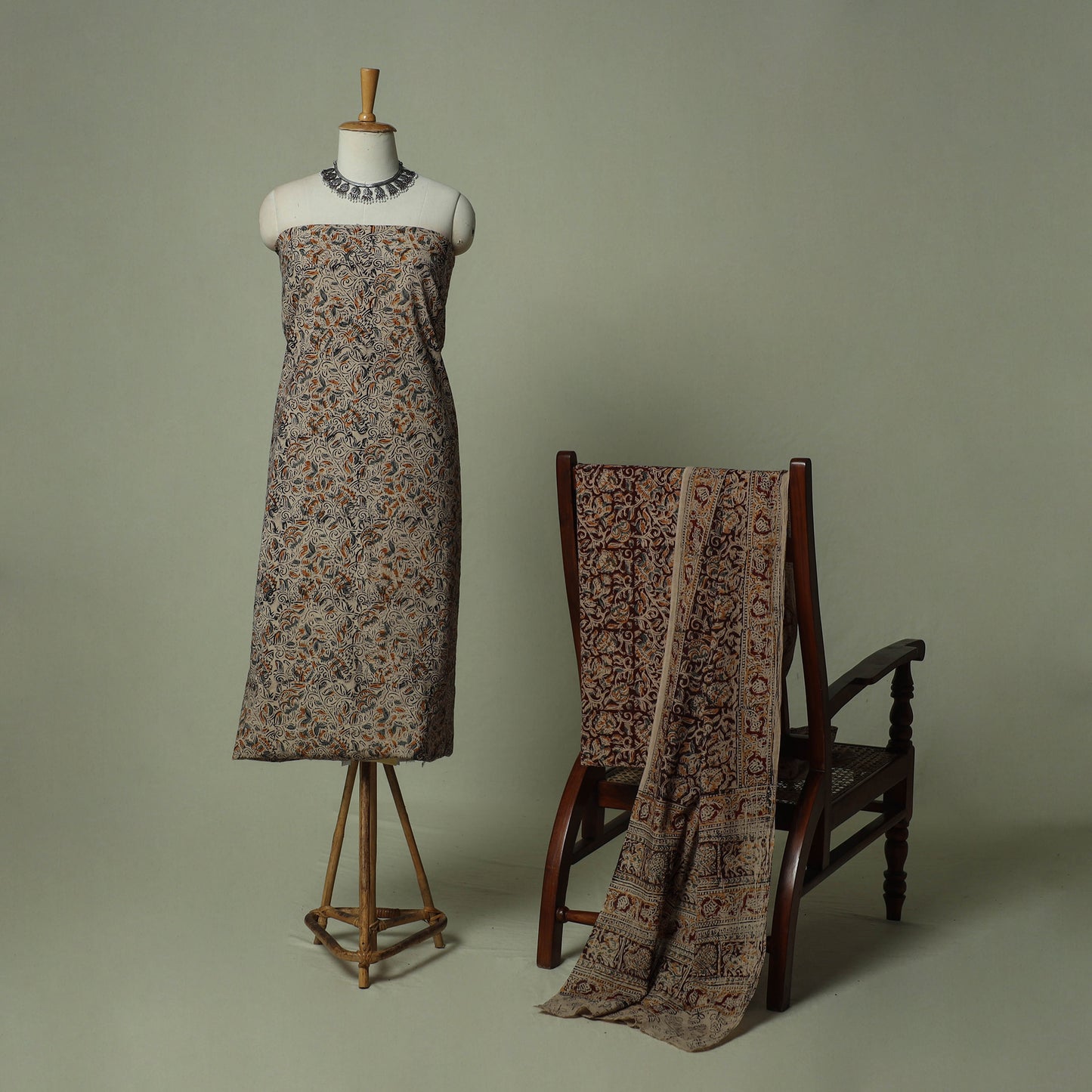 Pedana Kalamkari Hand Block Print Natural Dyed Cotton 3pc Unstitched Dress Material Suit Set 16