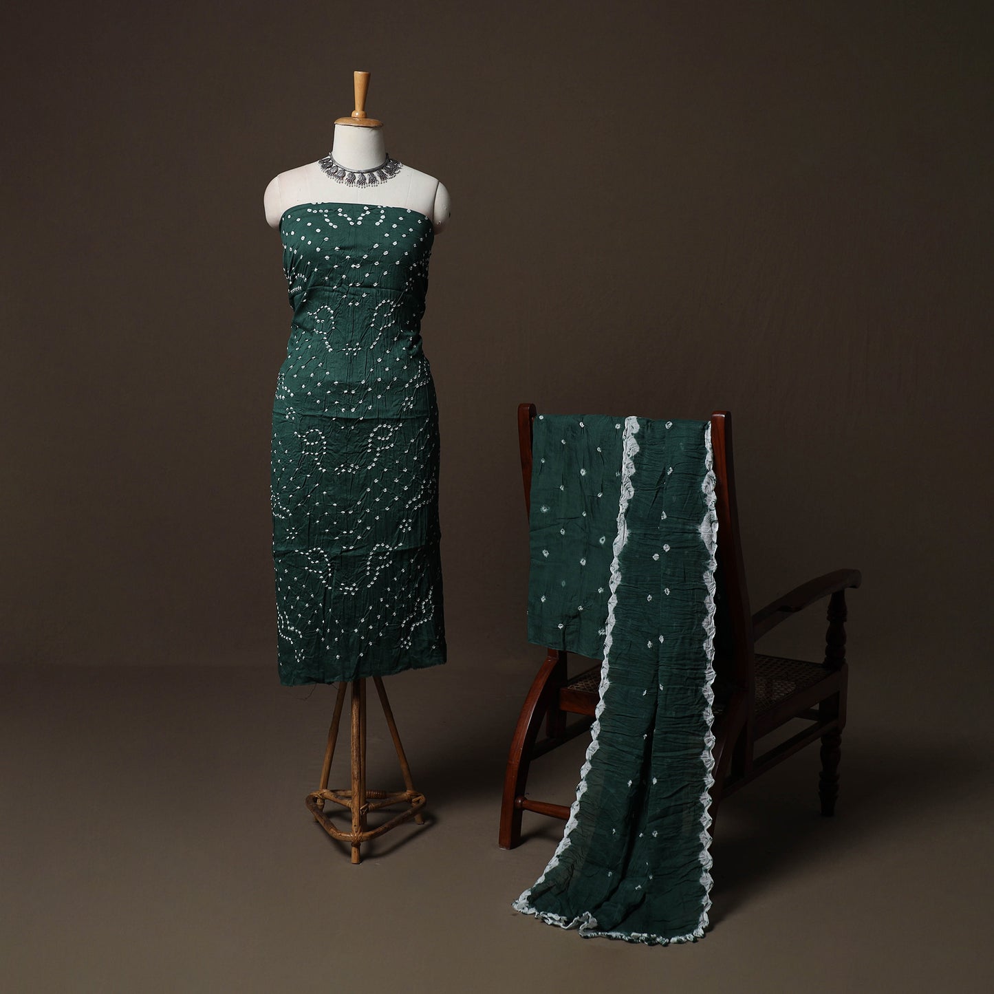 Green - Kutch Tie-Dye Cotton Satin 3pc Unstitched Bandhani Dress Material Suit Set 18