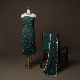 Green - Kutch Tie-Dye Cotton Satin 3pc Unstitched Bandhani Dress Material Suit Set 18