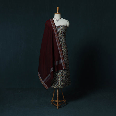Hand Embroidered Ajrakh Block Print Natural Dyed Cotton 2pc Unstitched Dress Material Kurta Set with Jewellery Set 08