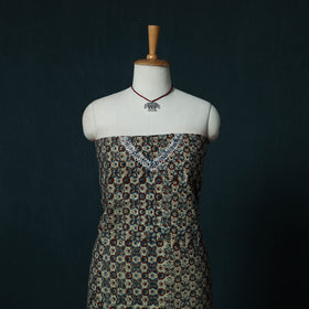 Hand Embroidered Ajrakh Block Print Natural Dyed Cotton 2pc Unstitched Dress Material Kurta Set with Jewellery Set 08