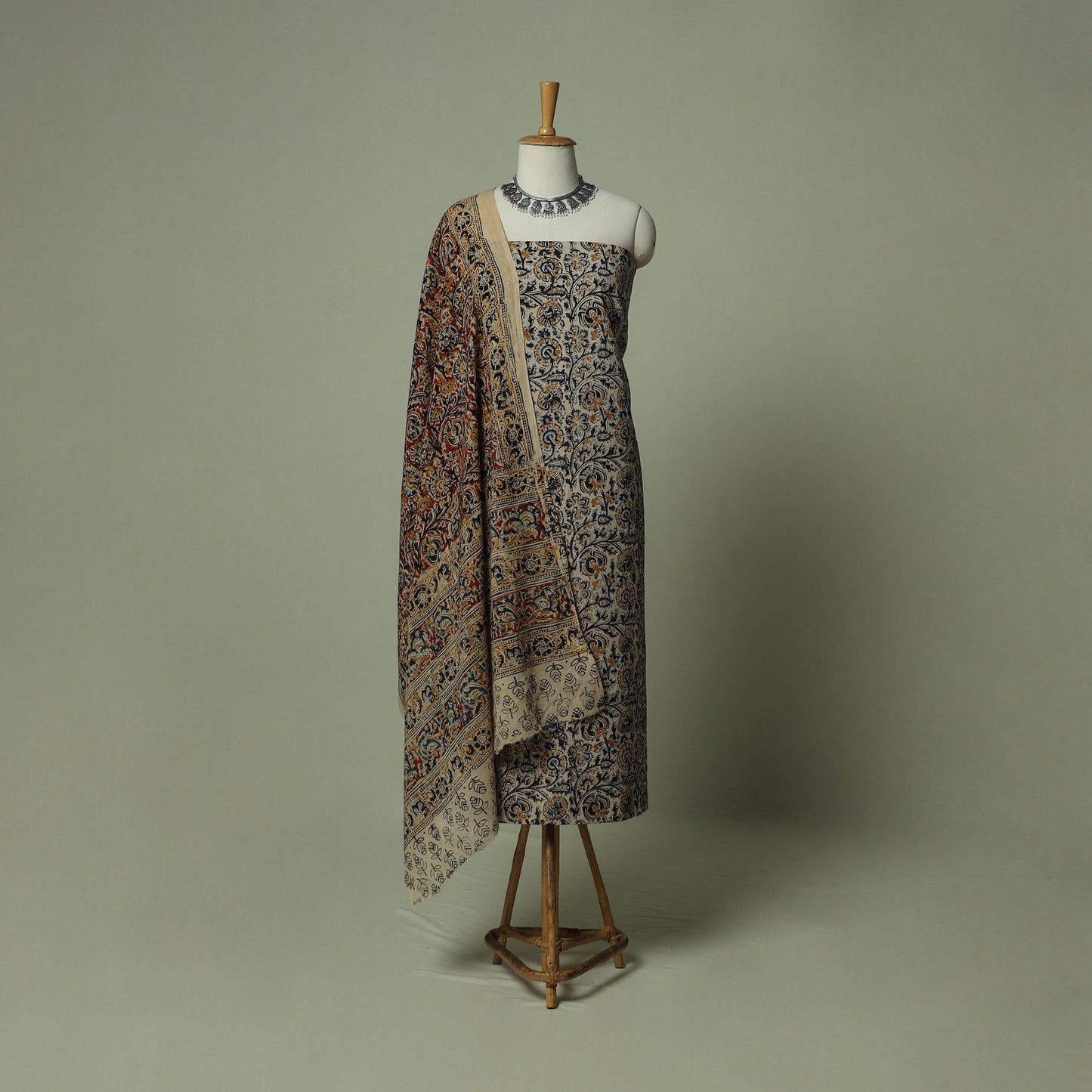 Pedana Kalamkari Hand Block Print Natural Dyed Cotton 3pc Unstitched Dress Material Suit Set 17