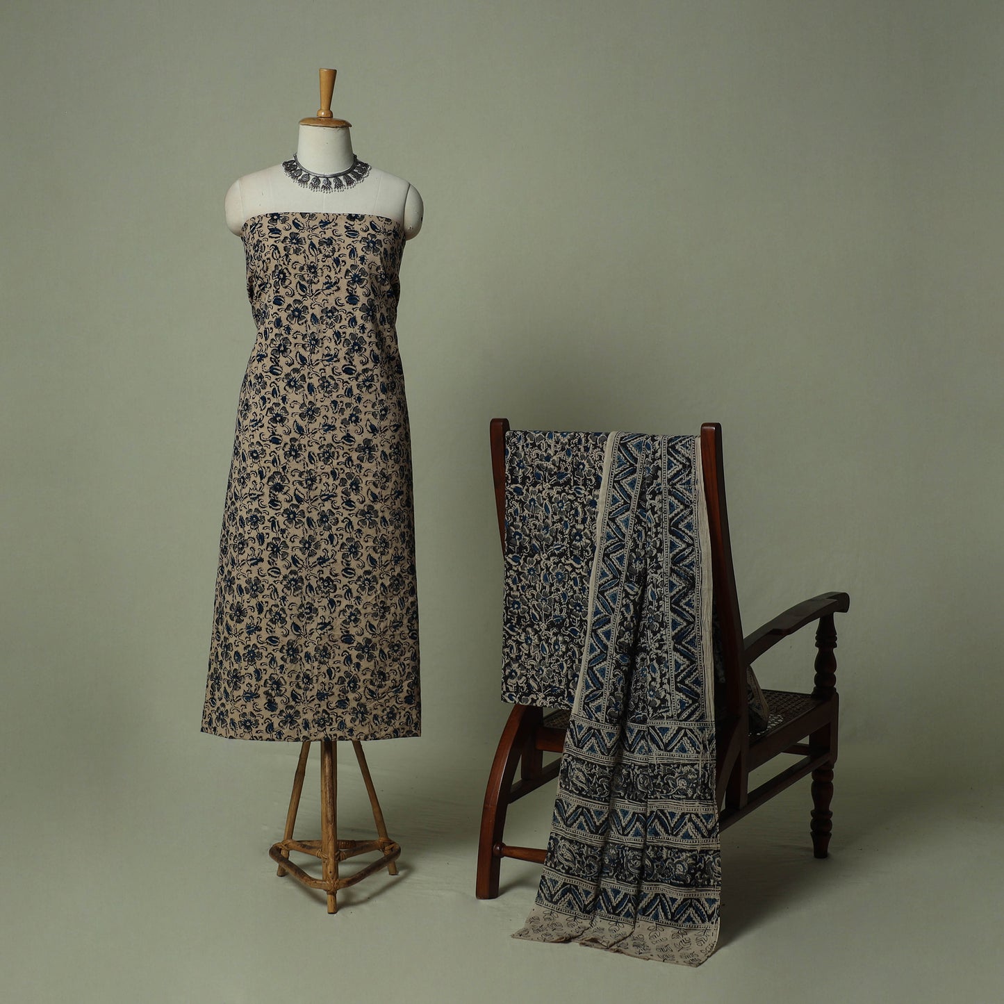 Pedana Kalamkari Hand Block Print Natural Dyed Cotton 3pc Unstitched Dress Material Suit Set 18