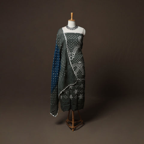 Grey - Kutch Tie-Dye Cotton Satin 3pc Unstitched Bandhani Dress Material Suit Set 19