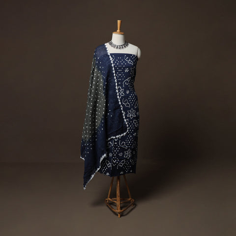Blue - Kutch Tie-Dye Cotton Satin 3pc Unstitched Bandhani Dress Material Suit Set 20