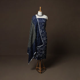 Blue - Kutch Tie-Dye Cotton Satin 3pc Unstitched Bandhani Dress Material Suit Set 20