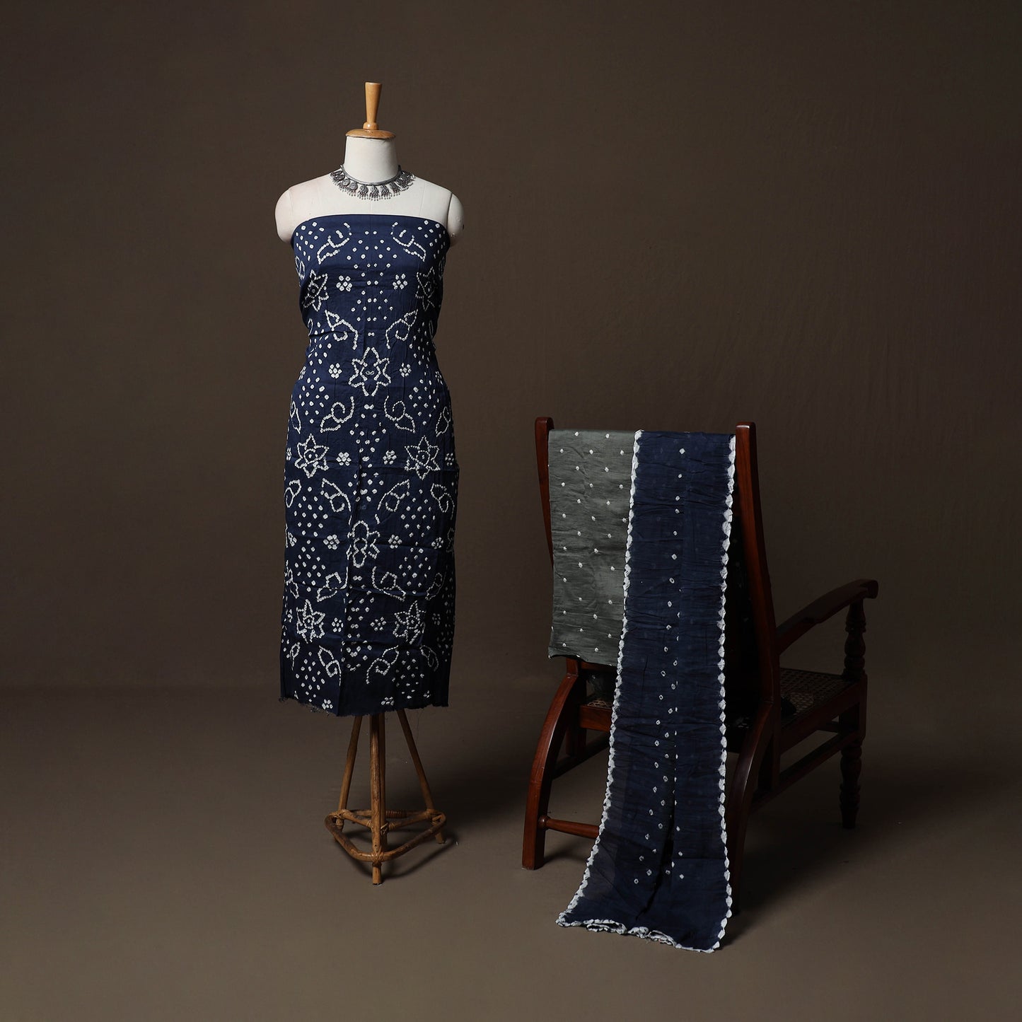 Blue - Kutch Tie-Dye Cotton Satin 3pc Unstitched Bandhani Dress Material Suit Set 20