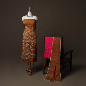 Brown - Kutch Tie-Dye Cotton Satin 3pc Unstitched Bandhani Dress Material Suit Set 21