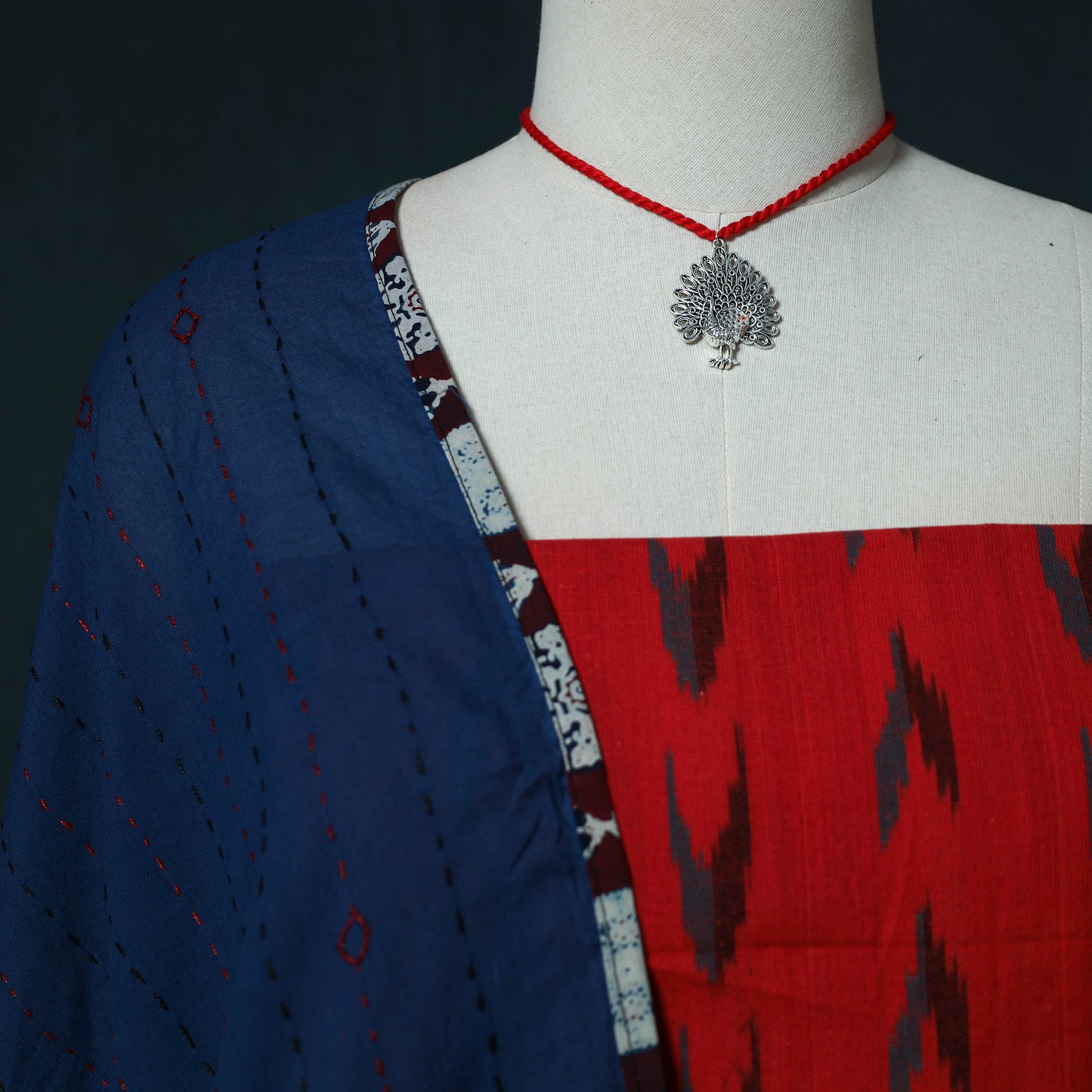 Pochampally Ikat Cotton 2pc Unstitched Dress Material Kurta Set with Jewellery Set 10