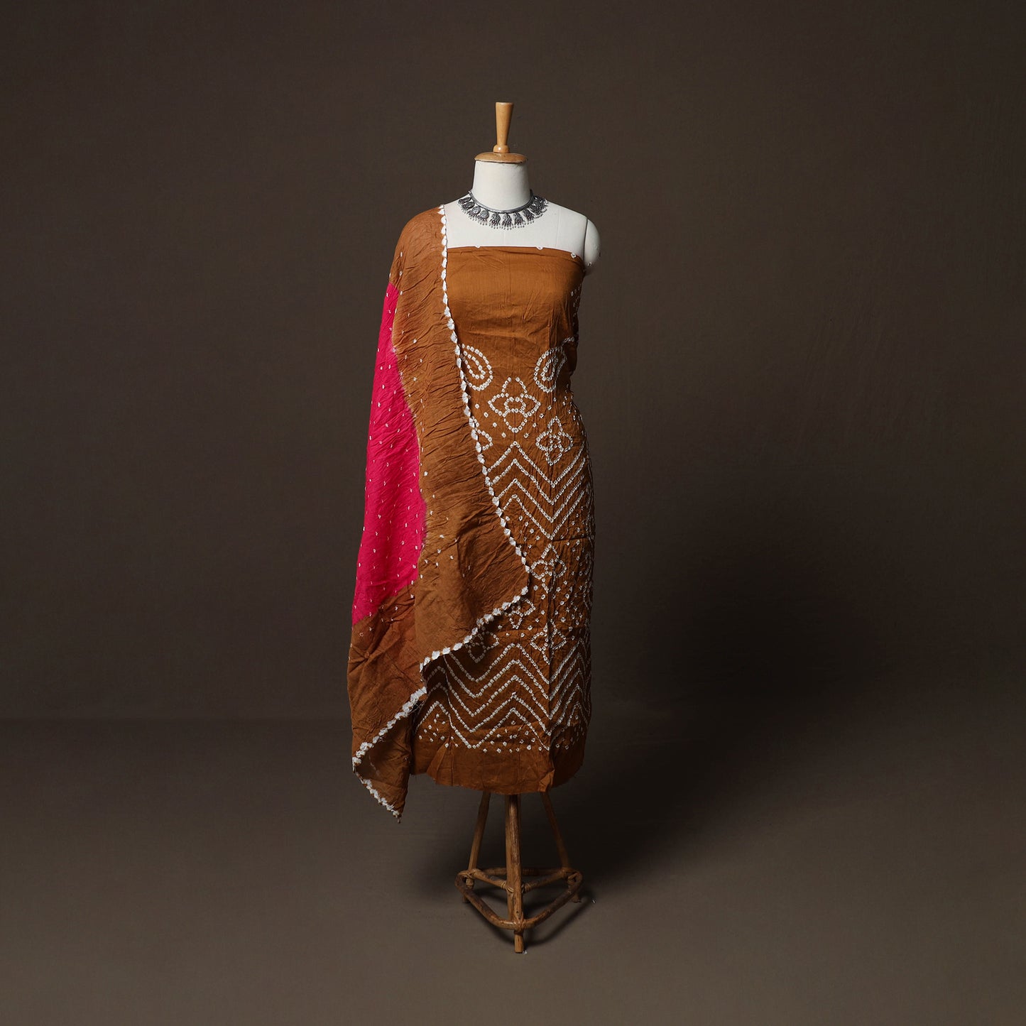 Brown - Kutch Tie-Dye Cotton Satin 3pc Unstitched Bandhani Dress Material Suit Set 21