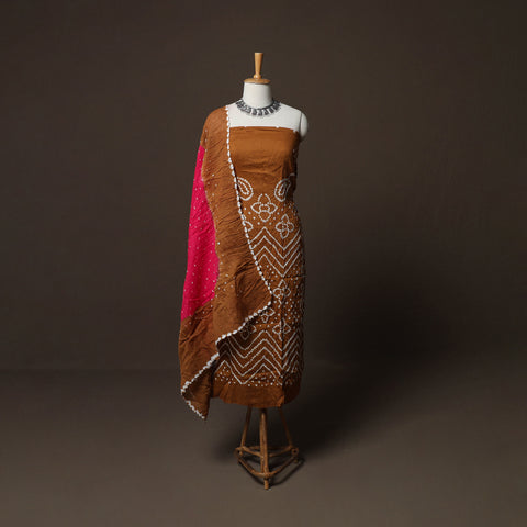 Brown - Kutch Tie-Dye Cotton Satin 3pc Unstitched Bandhani Dress Material Suit Set 21