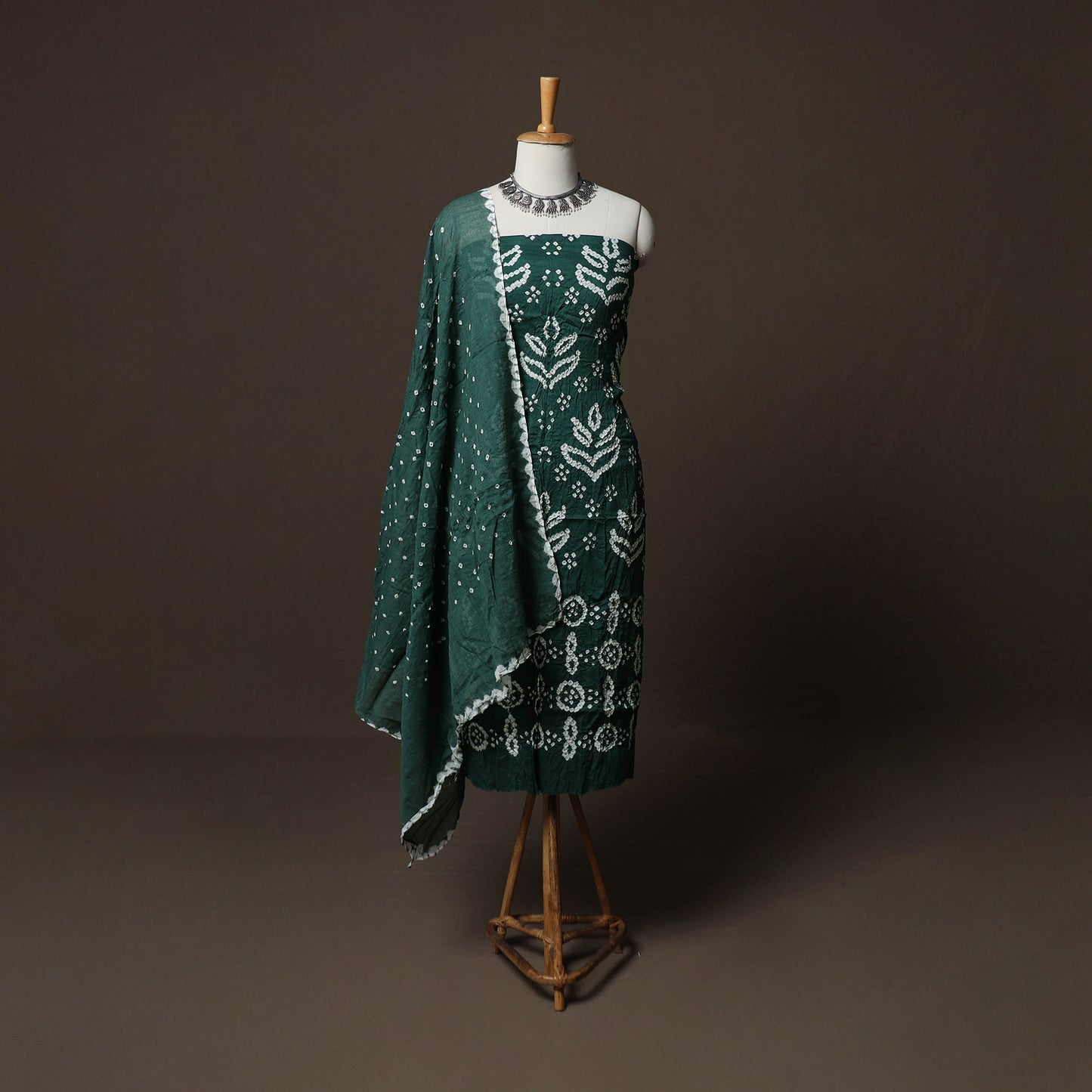 Green - Kutch Tie-Dye Cotton Satin 3pc Unstitched Bandhani Dress Material Suit Set 22