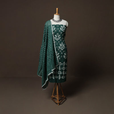 Green - Kutch Tie-Dye Cotton Satin 3pc Unstitched Bandhani Dress Material Suit Set 22