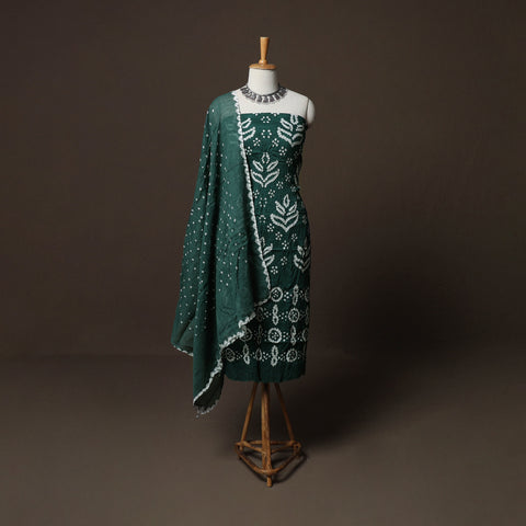 Green - Kutch Tie-Dye Cotton Satin 3pc Unstitched Bandhani Dress Material Suit Set 22
