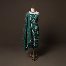 Green - Kutch Tie-Dye Cotton Satin 3pc Unstitched Bandhani Dress Material Suit Set 22