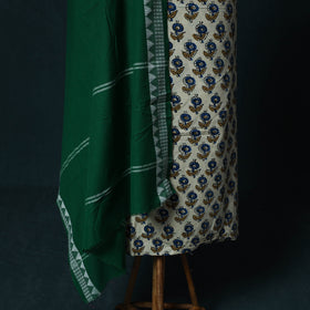 Ajrakh Hand Block Print Natural Dyed Cotton 2pc Unstitched Dress Material Kurta Set with Jewellery Set 12
