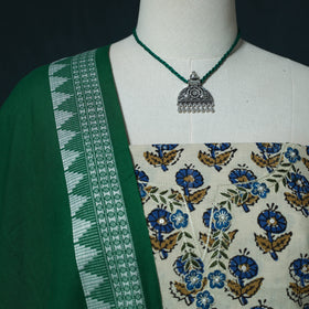 Ajrakh Hand Block Print Natural Dyed Cotton 2pc Unstitched Dress Material Kurta Set with Jewellery Set 12