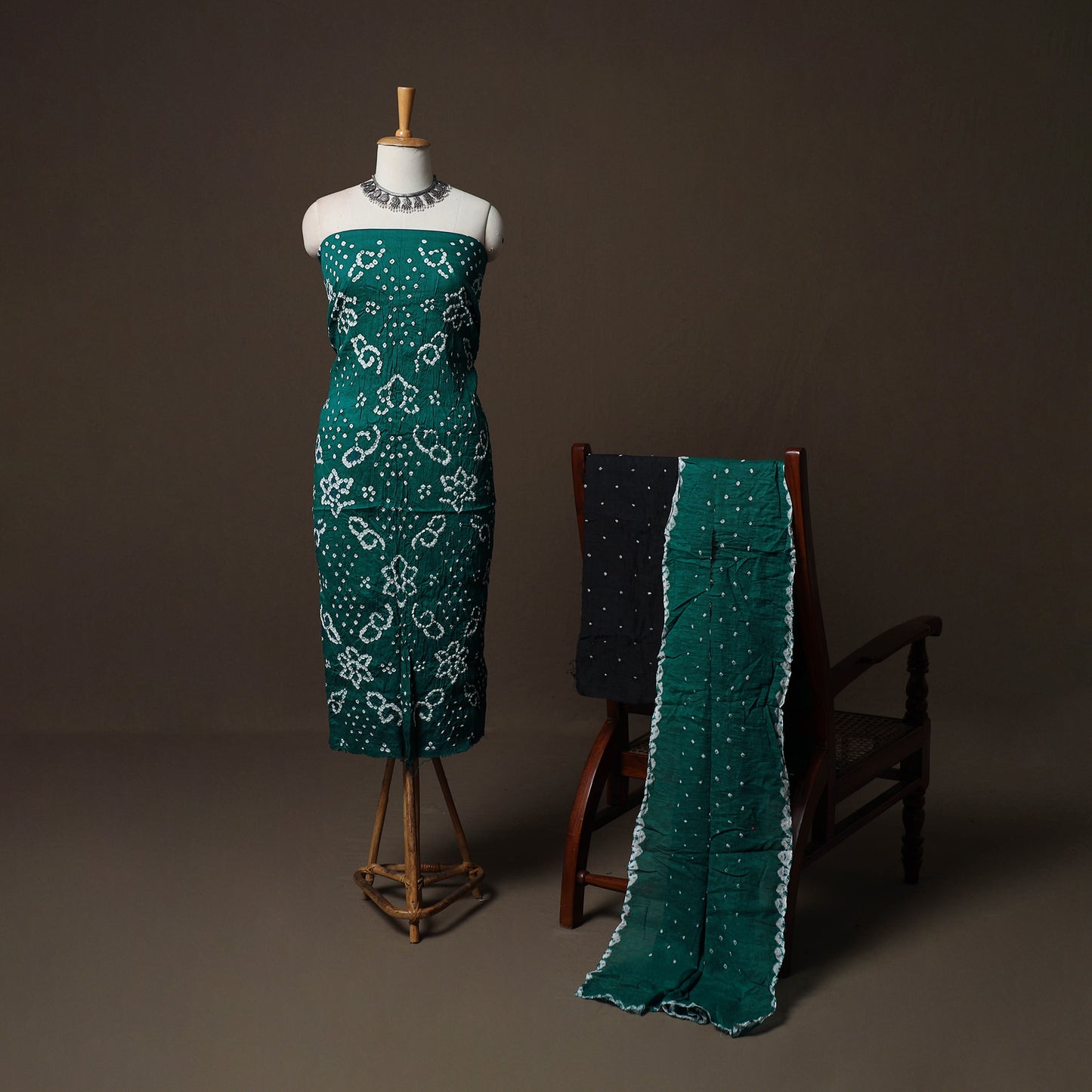 Green - Kutch Tie-Dye Cotton Satin 3pc Unstitched Bandhani Dress Material Suit Set 24