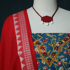Hand Embroidered Sanganeri Block Print Cotton 2pc Unstitched Dress Material Kurta Set with Jewellery Set 13