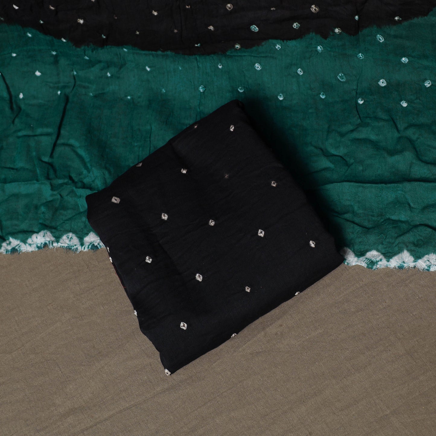 Green - Kutch Tie-Dye Cotton Satin 3pc Unstitched Bandhani Dress Material Suit Set 24