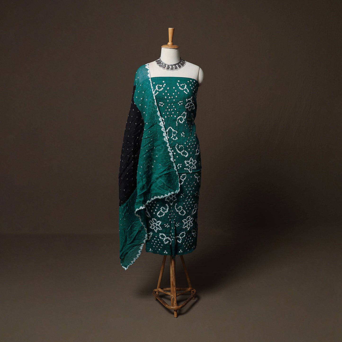 Green - Kutch Tie-Dye Cotton Satin 3pc Unstitched Bandhani Dress Material Suit Set 24