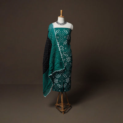 Green - Kutch Tie-Dye Cotton Satin 3pc Unstitched Bandhani Dress Material Suit Set 24