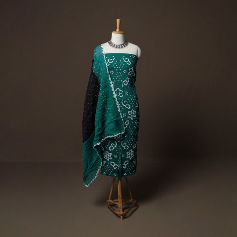Green - Kutch Tie-Dye Cotton Satin 3pc Unstitched Bandhani Dress Material Suit Set 24