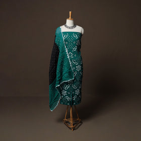 Green - Kutch Tie-Dye Cotton Satin 3pc Unstitched Bandhani Dress Material Suit Set 24
