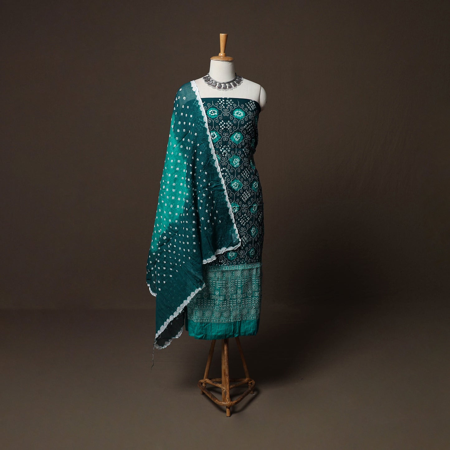 Green - Kutch Tie-Dye Cotton Satin 3pc Unstitched Bandhani Dress Material Suit Set 25