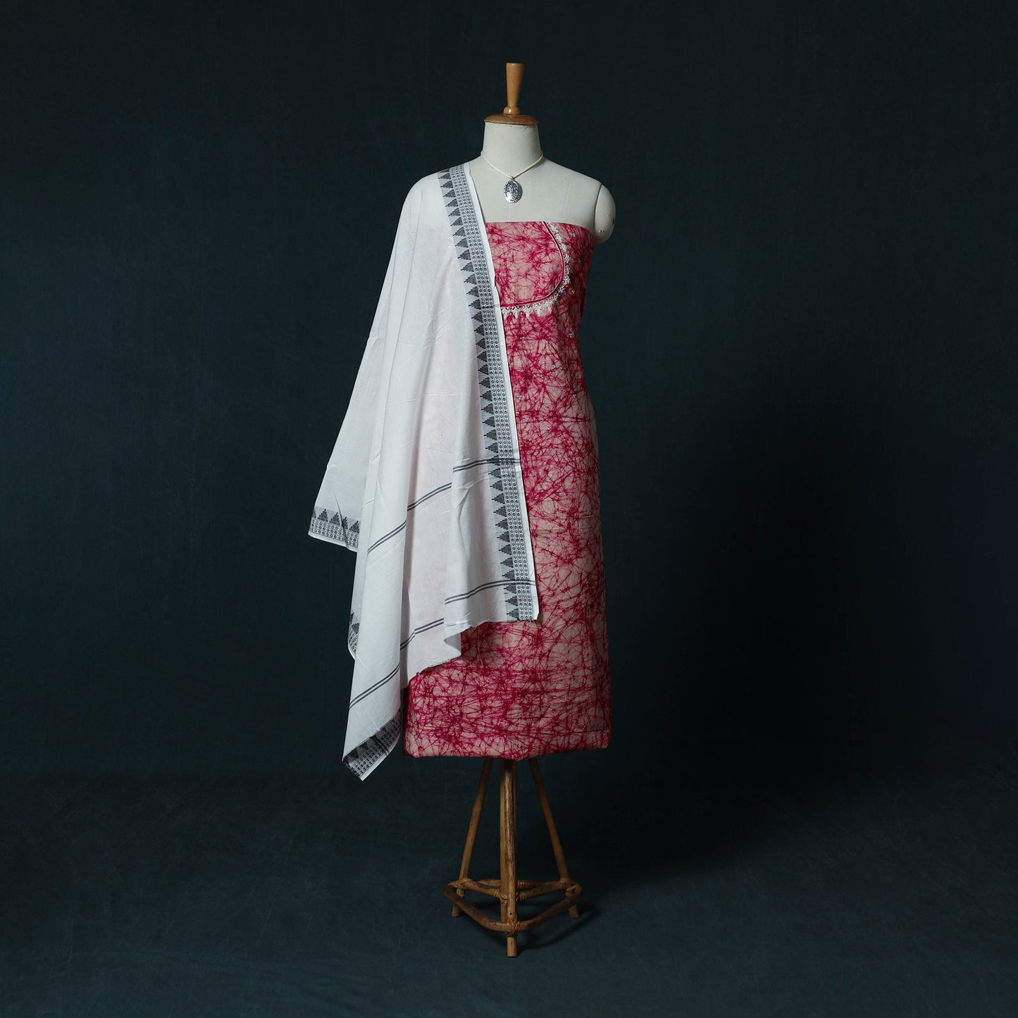 Hand Embroidered Batik Block Print Cotton 2pc Unstitched Dress Material Kurta Set with Jewellery Set 14
