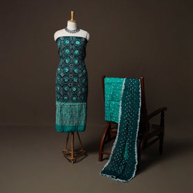 Green - Kutch Tie-Dye Cotton Satin 3pc Unstitched Bandhani Dress Material Suit Set 25