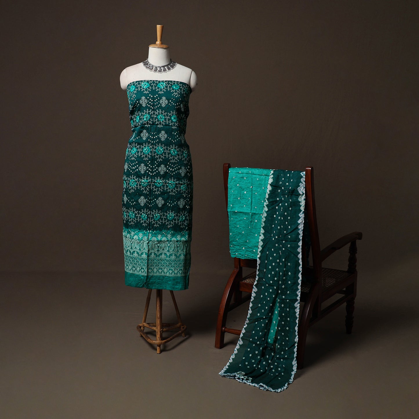 Green - Kutch Tie-Dye Cotton Satin 3pc Unstitched Bandhani Dress Material Suit Set 26